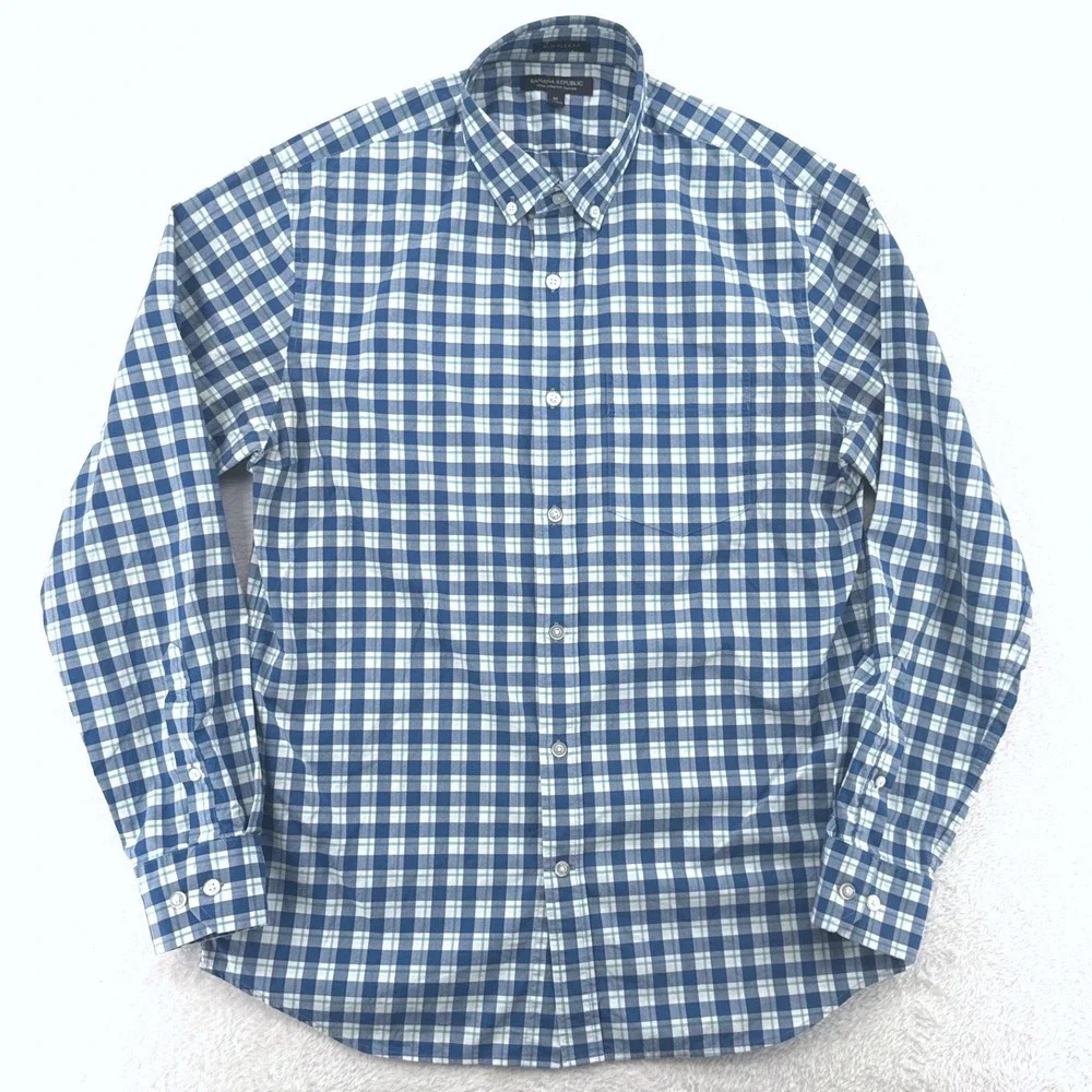 Banana Republic Mens Button Down Shirt M Blue Gingham Slim Flex Tech Stretch
